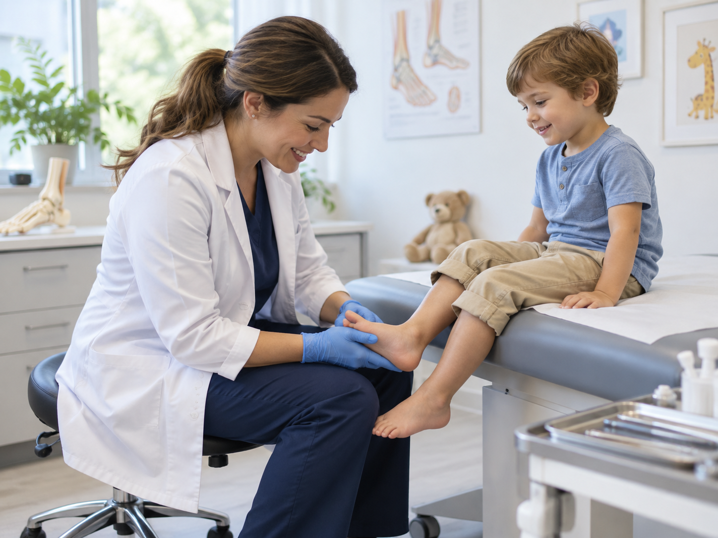 Illustration — ces personnages ne représentent pas les praticiens du cabinet Illustration d’un bilan podologique chez l’enfant, personnages fictifs
